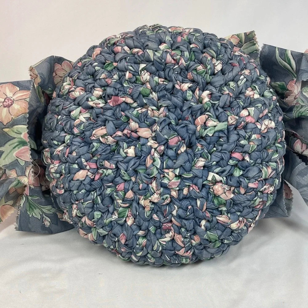 Vintage Rag Weave Basket Blue Mauve Floral Braided Fabric Round Cottagecore 10in